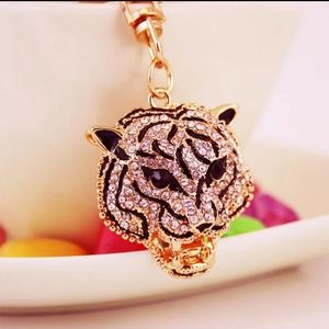 Leopard Head Big Cat Rhinestone Black Enamel Gold Tone Accessory Keychain